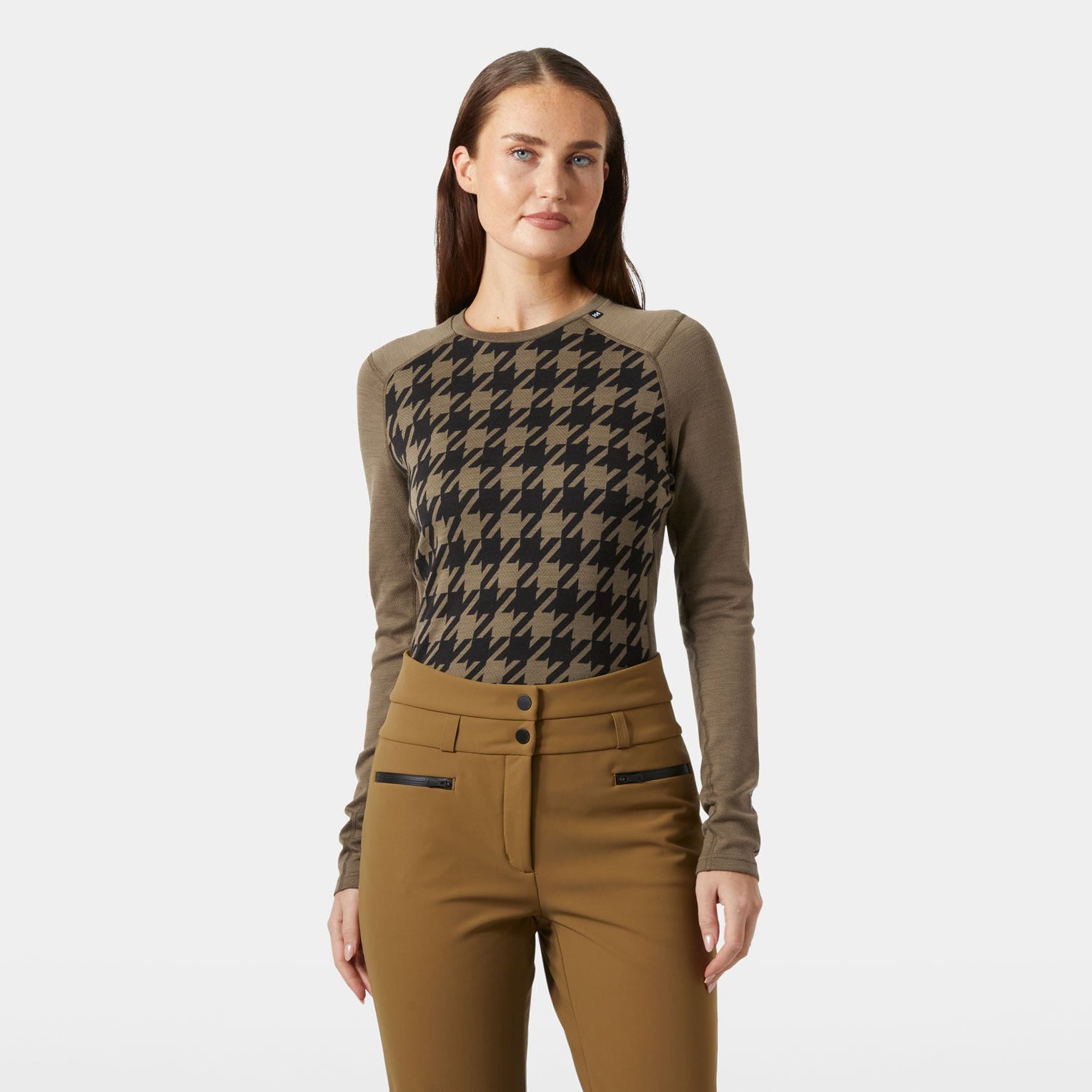 Women’s LIFA® Merino Midweight Graphic Long-Sleeve Crew Base Layer - 718 SEPIA HOUNDSTOOTH AOP